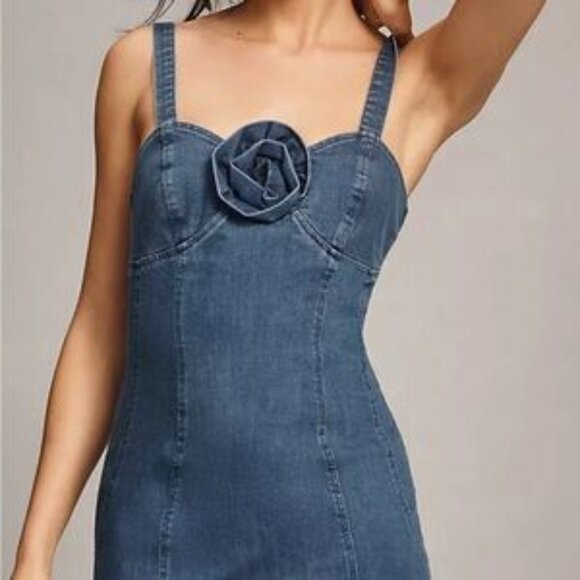 Anthropologie PORRIDGE ROSETTE DENIM SLIM MINI DRESS size Medium New - Picture 2 of 8